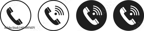 Phone icons collection, communication symbol set, black and white vector, mobile call illustrations, ringing phone graphics, telecommunication concept design, digital contact icon elements