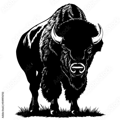 an image of a black silhouette of a bison standing in the grass bison, black, buffalo, drawing, grass, illustration, image, silhouette, stand , Generative art.