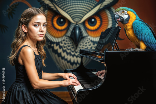 Girl playing piano with a parrot on a colorful background