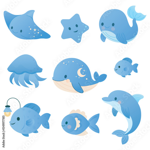 Adorable Ocean Life Vector Set.