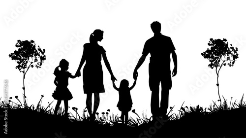 a black and white image of a family holding a dog walking in the park black, child, dog, family, hold, image, park, silhouette, walk , Generative art.