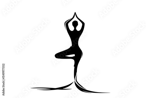 a black silhouette of a woman standing in a pose of yoga black, girl, illustration, leg, pose, silhouette, stand, woman, yoga , Generative art.