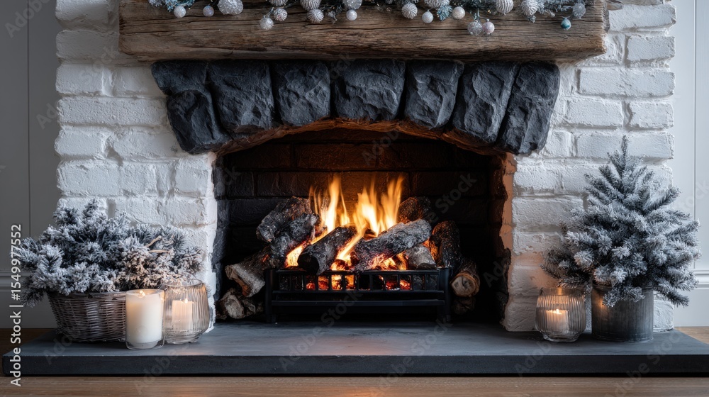 Obraz premium Cozy fireplace scene with snowy Christmas decorations.