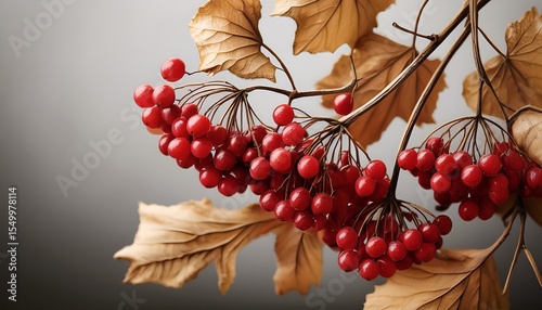 dried viburnum branch with red berries and curled leaves for vintage food visuals and nature themes