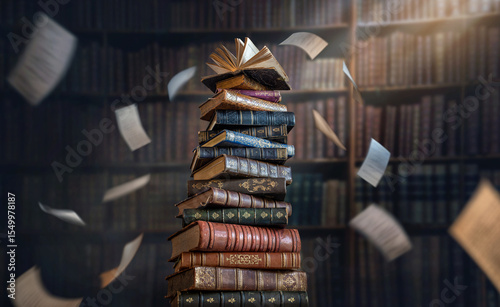 A stack of old books and flying book pages against the background of the shelves in the library. Ancient books historical background. Conceptual background on history, education, literature topics.