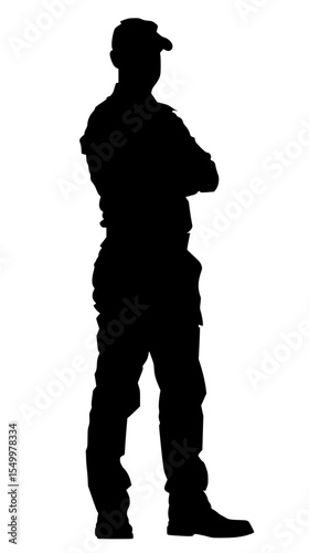 a black and white silhouette of a police officer or soldier black, hat, man, police officer, silhouette, soldier, stand , Generative art.