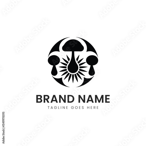 A stylish, modern logo featuring black silhouettes of mushrooms and a sun, symbolizing nature and growth.