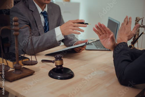 Businessmen consult with lawyers, submit additional documents, and pay for lawyers' services. After reaching an agreement and signing the contract, the two shake hands. Concept, Justice, and Lawyers