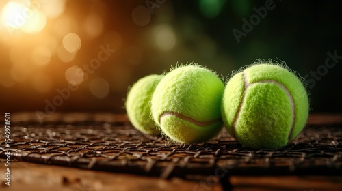 In this captivating image, three green tennis balls rest on a rustic wooden table, surrounded by a warm, glowing background that enhances the scene's depth and atmosphere. The subtle details and text