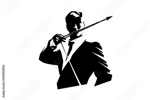 a black and white illustration of a man in a suit playing a violin black, hold, illustration, man, play, silhouette, suit, violin , Generative art.