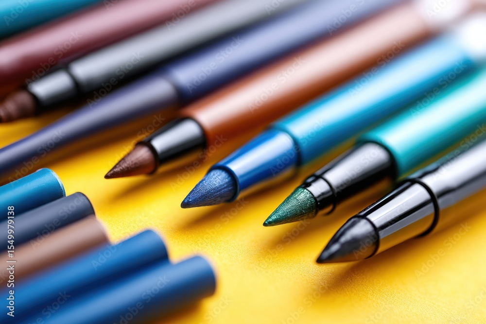 Fototapeta premium Close-up view of various eyeliner pencils on a bright surface, ideal for creative makeup marketing