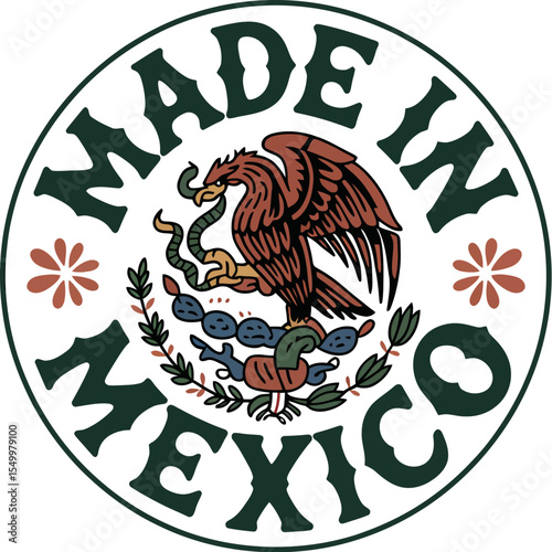 Made in mexico product label design with mexican eagle and snake emblem for authenticity and origin editable stock vector illustration