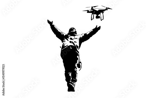 a man with his arms raised in the air and a person flying in the sky arm, black, drone, fly, hand, man, person, sky , Generative art.