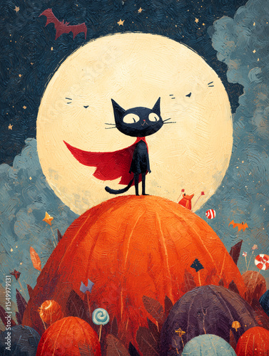 Halloween cat hero under full moon