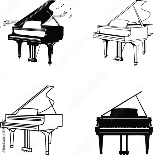 Grand Piano Silhouette Vector Set – Black and White Illustrations with Musical Notes and Keyboard Details