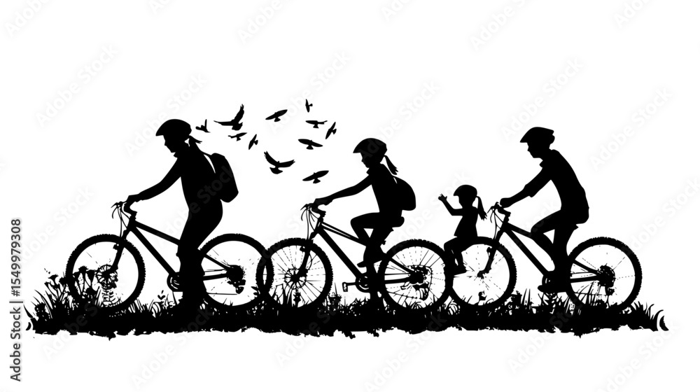 Obraz premium black silhouette of a family of people riding bicycles in a field of grass bicycle, bike, black, child, cyclist, family, field, grass, park, people, ride, silhouette, woman , Generative art.