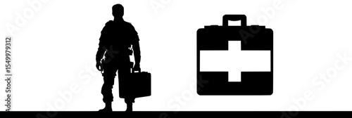 black silhouette of a man standing next to a case or suitcase bag, black, briefcase, case, luggage, man, silhouette, stand, suitcase , Generative art.