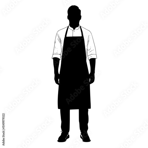 a black and white silhouette of a chef or cook apron, black, chef, cook, man, silhouette, stand , Generative art.