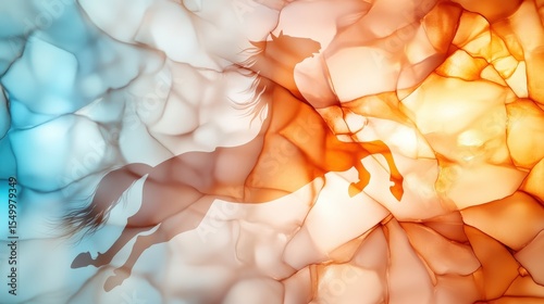 A stunning abstract image demonstrating the powerful silhouette of a horse gracefully leaping, captured against a mesmerizing backdrop of swirling orange and blue hues, representing freedom, strength