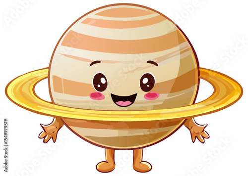 Cartoon planet character with ring and happy face, isolated 
