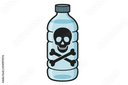Transparent background illustration of a plastic water bottle with skull and crossbones, representing contaminated and undrinkable water