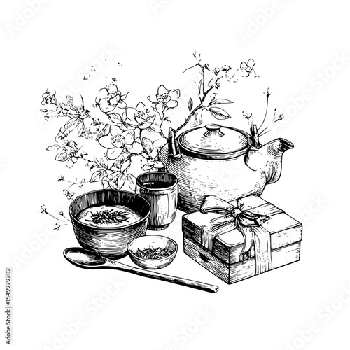 a black and white drawing of a pot, a bowl, a spoon and a box with flowers black, bowl, box, drawing, flower, food, illustration, pan, pot, sketch, spoon , Generative art.
