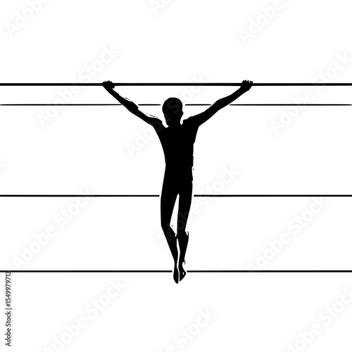 a black and white silhouette of a person hanging on a rope or line bar, black, hang, hang on, line, man, person, rope, silhouette, wire, woman , Generative art.