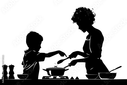 black silhouette of a woman and boy cooking food in the kitchen black, boy, child, cook, couple, food, kitchen, mother, silhouette, woman , Generative art.