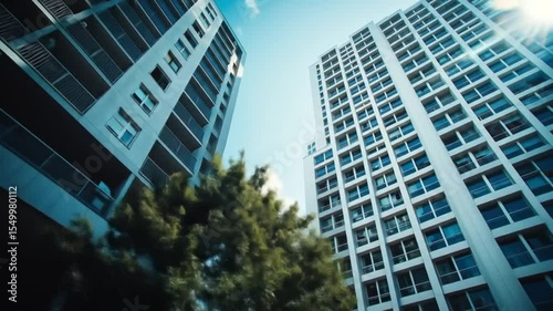 Aerial top view of modern residential building with reflective glass windows and architectural symmetry, perfect for showcasing urban design, real estate, and contemporary housing visuals.

