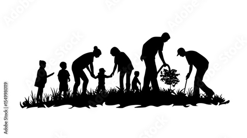 a black silhouette of a family working in the garden black, child, family, garden, grass, plant, silhouette, work , Generative art.
