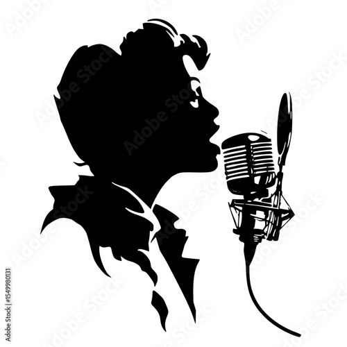 a black and white silhouette of a man singing into a microphone black, man, microphone, silhouette, singe, singer , Generative art.