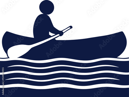 Canoe Silhouette Vector – Calm Paddling Scene with Human Figure and Flowing Water in Black and White