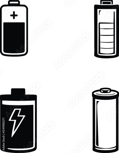 Battery Silhouette Vector Set – Power Icons with Charge Levels, Lightning Bolt, and AA Cell in Black and White
