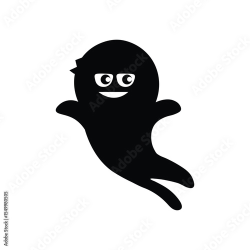 A simple black silhouette of a cartoon ghost with a smiling face and small hair on a white background.