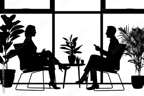 an image of a silhouette of a man and woman sitting at a table in a cafe cafe, couple, image, man, people, silhouette, sit, sit in, table, window, woman , Generative art.