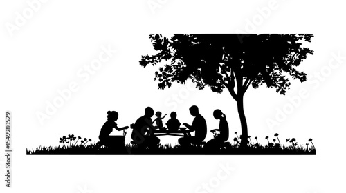 silhouette of a family with children sitting at a picnic table under a tree in a park child, family, grass, park, people, picnic, picnic table, silhouette, sit, tree , Generative art.