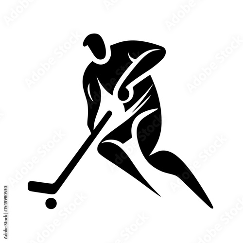 a black silhouette of a hockey player with a stick ball, black, hockey player, icon, silhouette, stick , Generative art.
