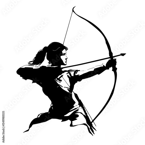 a black and white silhouette of a woman shooting a bow and arrow arrow, black, bow, shoot, silhouette, woman , Generative art.