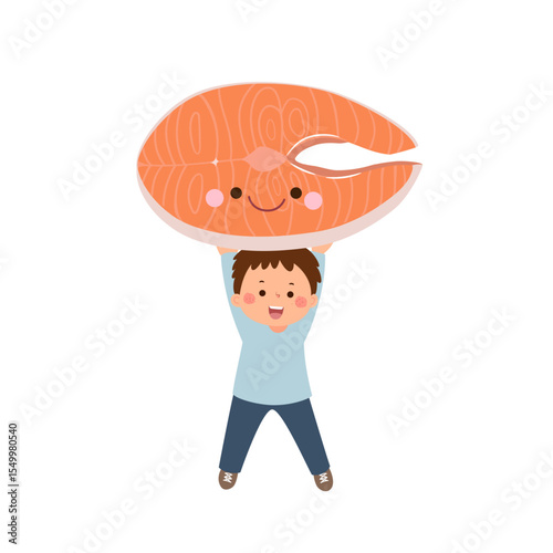 Cartoon child boy carrying cute giant sliced salmon. Healthy food for kids
