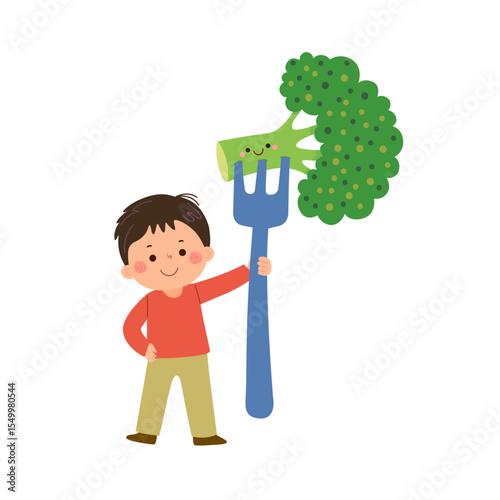 Cartoon child boy holding cute giant broccoli on fork. Healthy food for kids