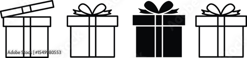 Gift box icons set, black vector illustration, ribbon and bow designs, festive present collection, celebration packaging symbols, minimal graphic style, holiday surprise elements