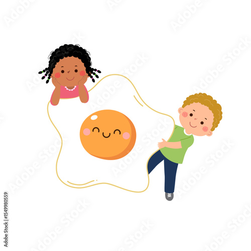 Cartoon child boy and girl with cute fried egg. Healthy food for kids