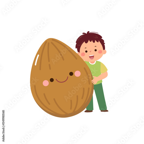 Cartoon child boy with cute almond nut. Healthy food for kids