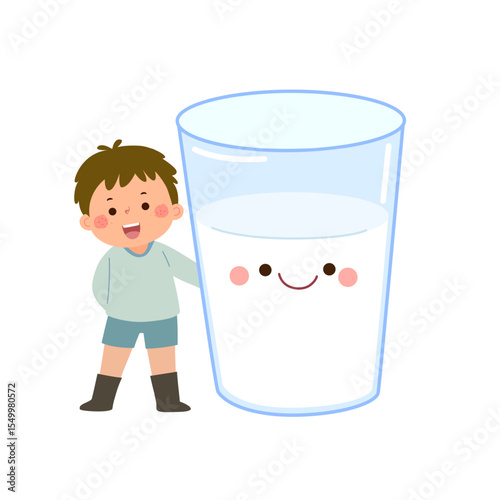 Cartoon child boy with cute giant glass of water. Healthy food for kids