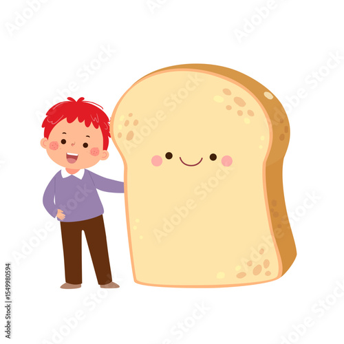 Cartoon child boy with cute giant sliced bread. Healthy food for kids