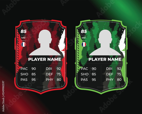 Soccer player rating card, Football player performance card with country flag, and a Customizable player statistic template, eps 10.