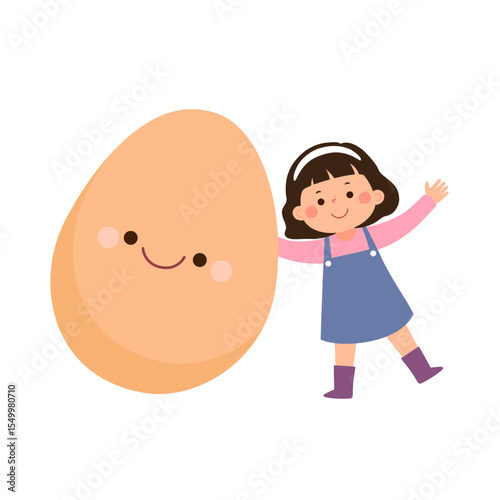Cartoon child girl with cute giant egg. Healthy food for kids