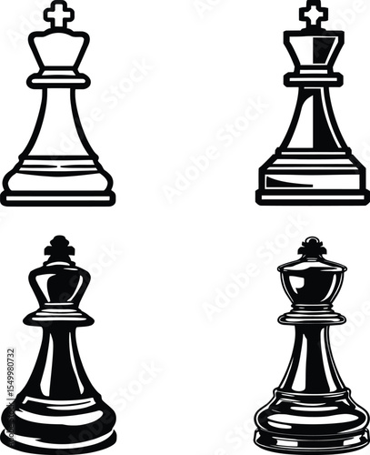Chess King Silhouette Vector Set – White and Black King Variants with Ornate Crown Designs