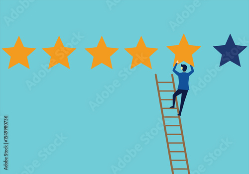 Businessman climbs a colorful ladder to a golden star, celebrating the season's fun