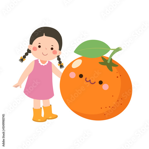 Cartoon child girl with cute giant orange. Healthy food for kids